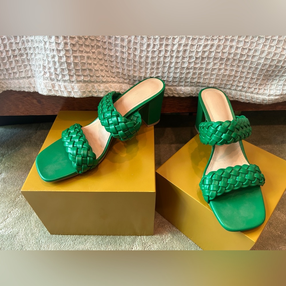 Green Braided Strap Block Heel Sandals - Women